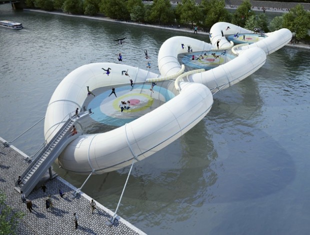 An Inflatable Trampoline Bridge In Paris