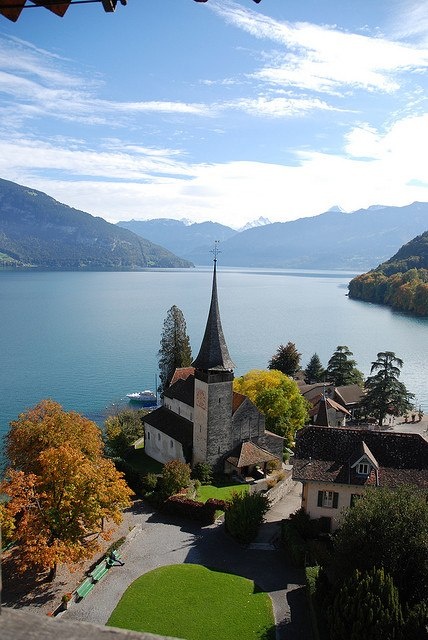 Lake Thun panorama from Spiez Castle, Switzerland