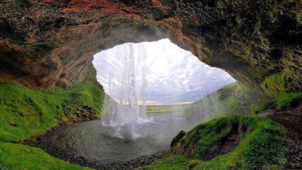 View from the inside of Seljalandsfoss Waterfall, Iceland