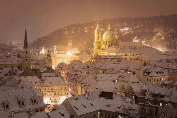 Snowy Night in Prague , Czech Republic