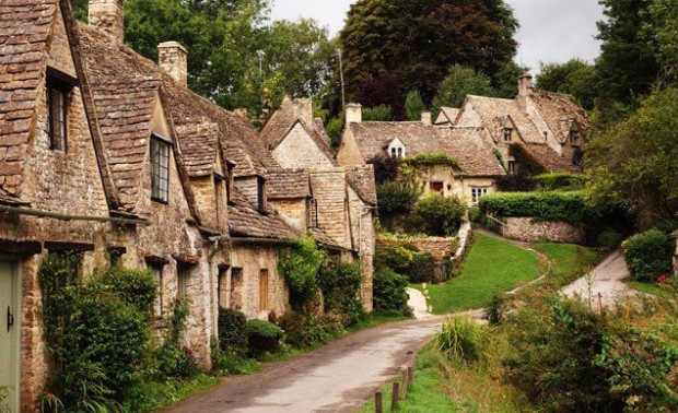 The 14th-century stone cottages along Arlington Road in Bilbury, England