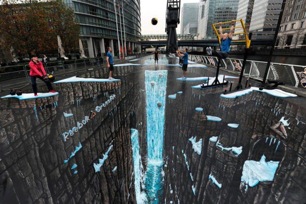 World’s largest 3D anamorphic street painting in the Canary Wharf district of London, England
