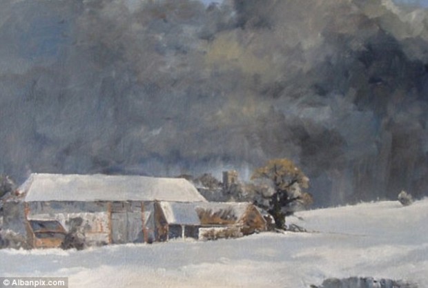 Latest work: One of Kieron's new original paintings of a snow scene near his home in Norfolk which went on display at the Picturecraft Gallery in Holt
