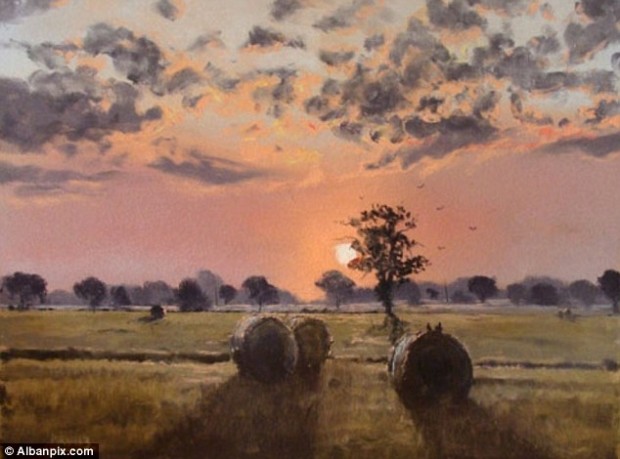 Striking sunset: The majority of Kieron's oil paintings and watercolours are of the surrounding landscapes near his home in Norfolk