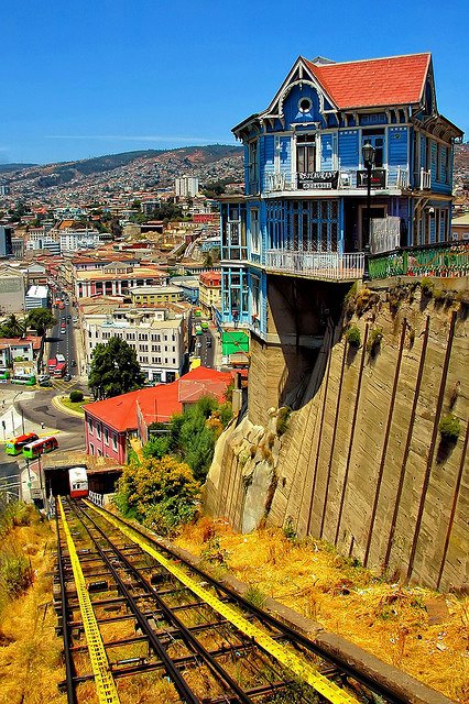 The hanging house and the old cable car in Valparaiso, Chile